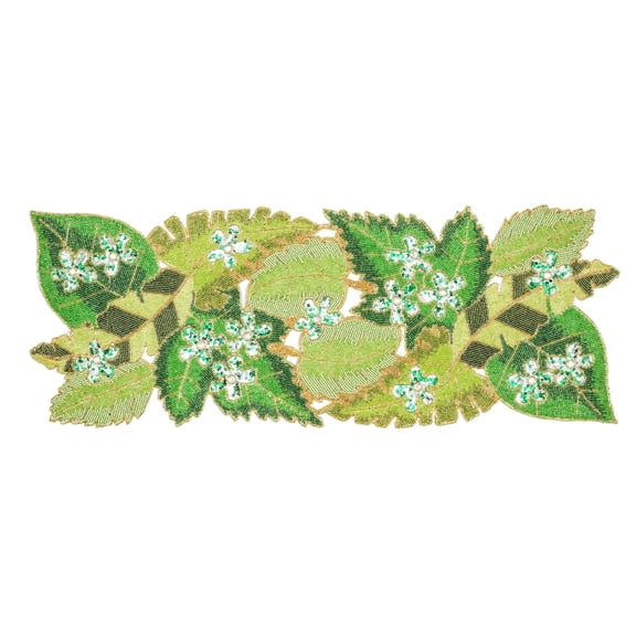 Green Leaves Beaded Table Runner 36 Inches Long - Beautiful Fancy Elegant Decorative Glitz Runner Perfect for Dining Table Décor,Easter,Farmhouse,Wedding,Living Room,Party - 13x36 Inch