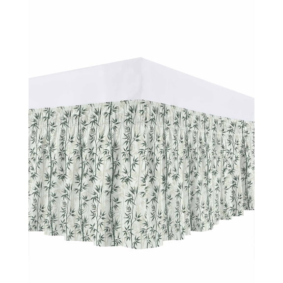 Green Leaves Bed Skirt California King Size 18 Inch Drop, Hand-Painted Modern Spring Leaf Plant Teal Green Botanical Adjustable Elastic Dust Ruffles Bedskirt Wrap Around Pleated Mattress Frame Cover