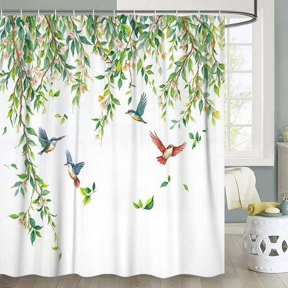 Green Leaves Birds Shower Curtain, Spring Green Leaves Branches with Floral Birds Bathroom Curtain 72x72 Inch Polyester Fabric Waterproof Bath Curtain with 12 Hooks,72X72