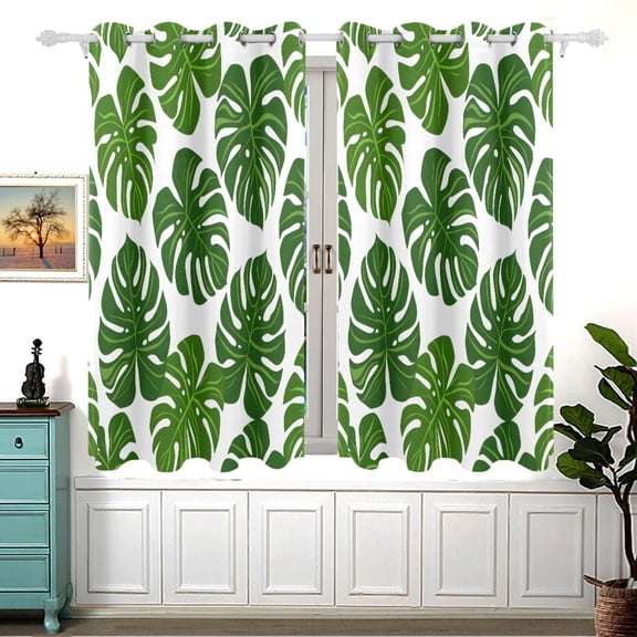 Green Leaves Black Out Curtains Aesthetic for Bedroom Living Room Sliding Glass Doors Kitchen Windows 2 panels set