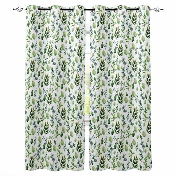 Green Leaves Blackout Curtains for Bedroom Living Room Darkening Curtains 63 Inches Long Pastoral Rustic Botanical Plant Watercolor Window Curtain 2 Panels Set Window Treatment Grommet Drapes 42"x63"