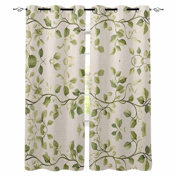 Green Leaves Blackout Curtains for Bedroom Living Room Darkening Curtains 90 Inch Spring Retro Watercolor Pastoral Plants Black Out Window Curtain Privacy Window Treatment Grommet Drapes 52"x90"x2