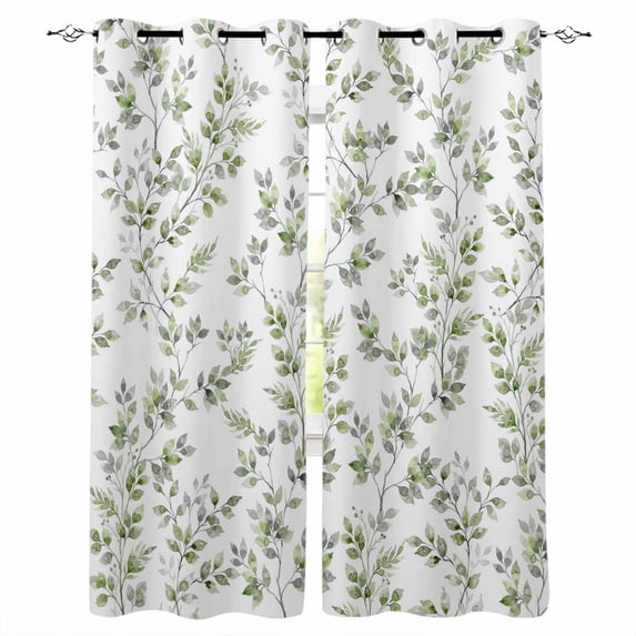 Green Leaves Blackout Curtains for Bedroom/Living Room, Thermal Insulated Kitchen Curtains, Summer Botanical Elegant Farmhouse Grommet Darkening Window Treatment Drapes 42"x84"x2