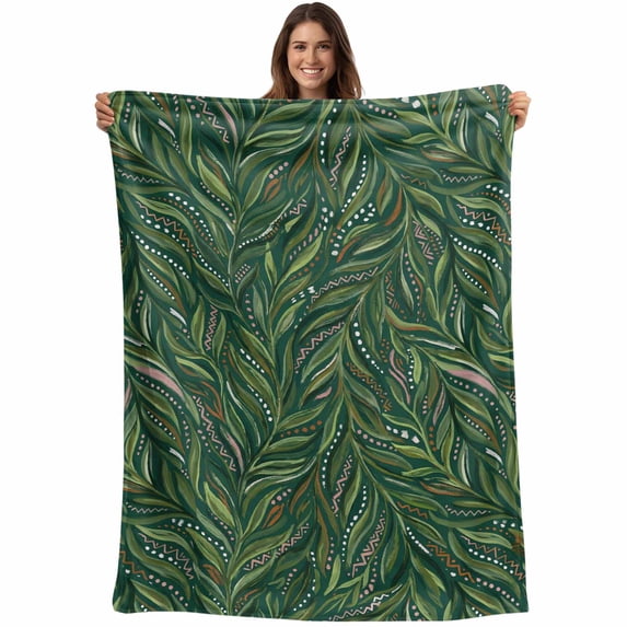 Green Leaves Blanket Soft Cozy Warm Throw Blanket for Couch, Plush Fuzzy Flannel Fleece Blankets for Sofa, Spring Watercolor Ethnic Botanical Geometric Bed Blankets Lightweight Gifts for Men, 50"x80"