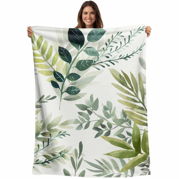 Green Leaves Blanket Soft Cozy Warm Throw Blanket for Couch, Plush Fuzzy Flannel Fleece Blankets for Sofa, Summer Botanical Farmhouse Watercolor Leaf Bed Blankets Lightweight Gifts for Women, 40"x50"