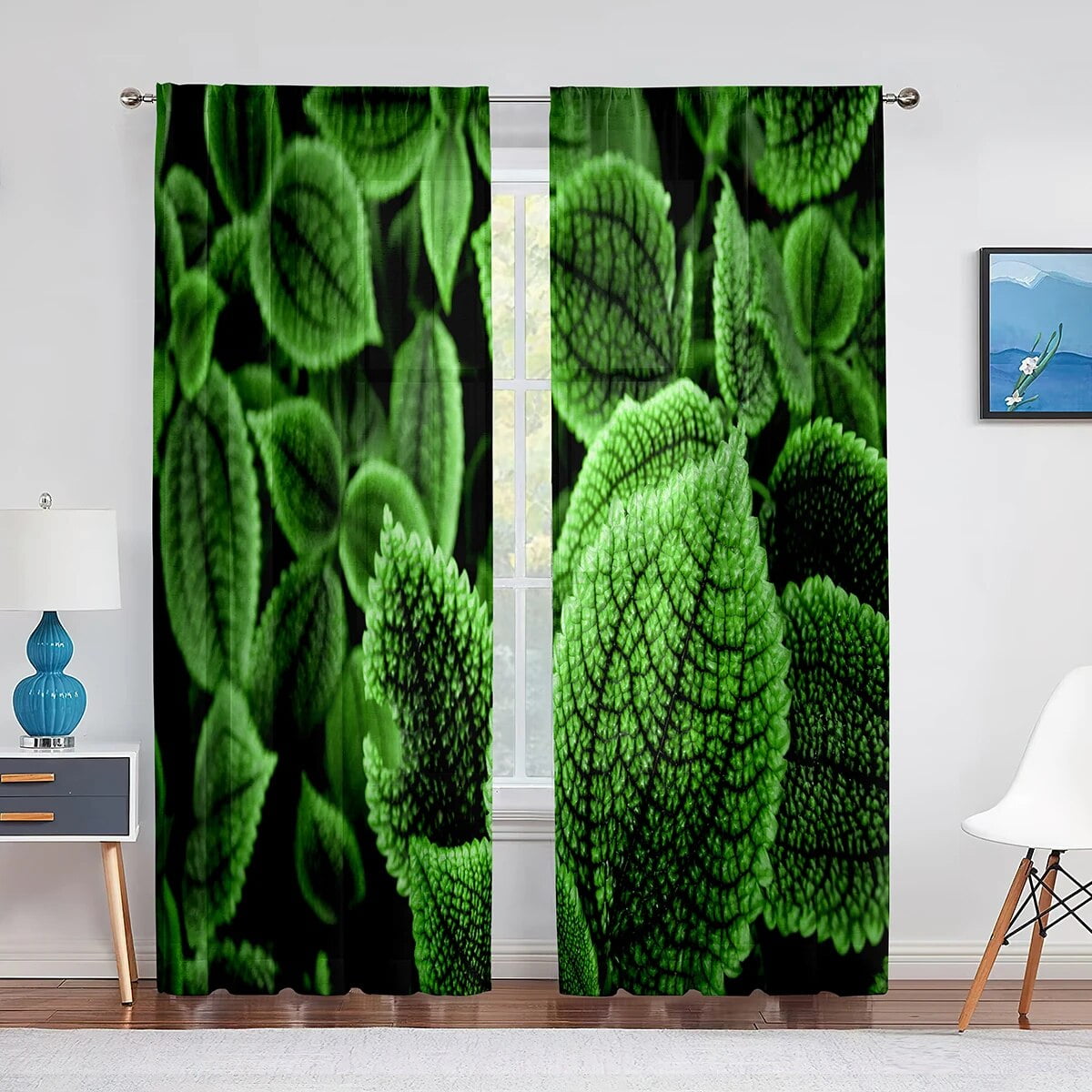 Green Leaves Blue Sheer Voile Curtain for Bedroom Living Room Kitchen ...