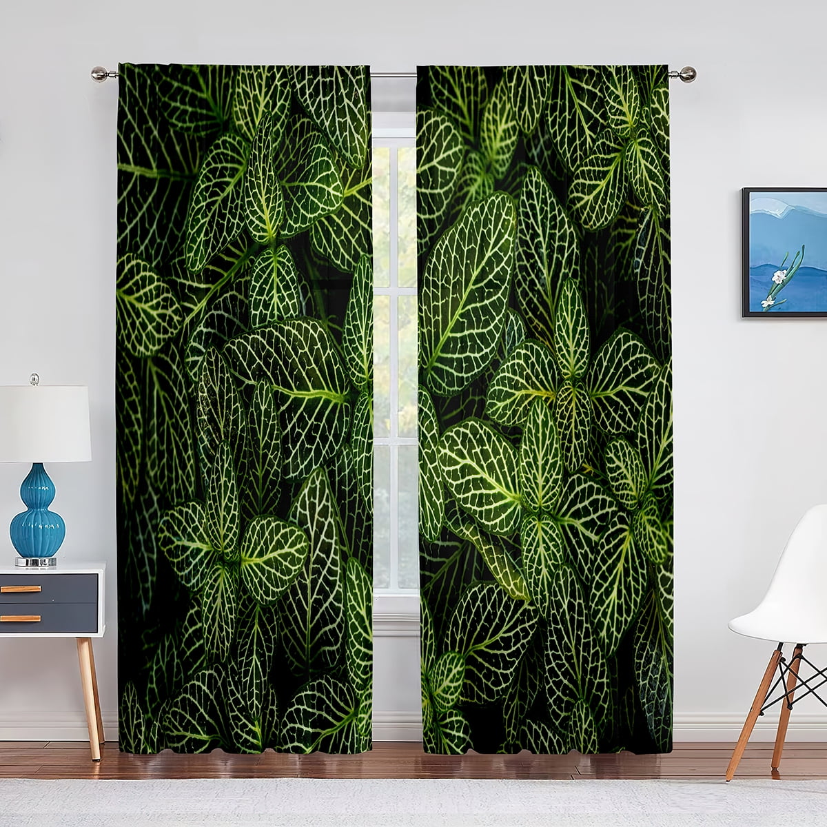 Green Leaves Blue Sheer Voile Curtain for Bedroom Living Room Kitchen