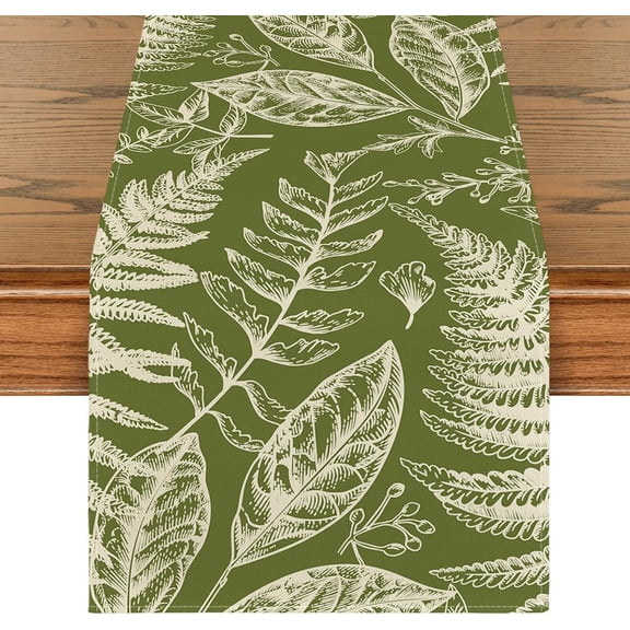Green Leaves Botany Table Runner, Seasonal Spring Kitchen Dining Table Decoration for Home Party Decor 13x72 Inch