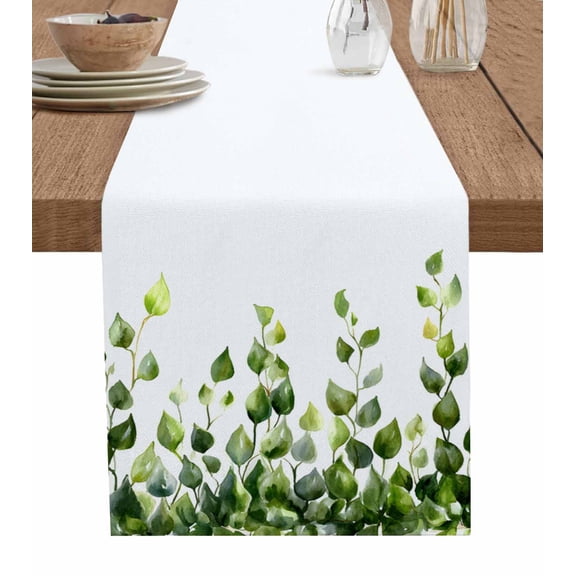 Green Leaves Burlap Cotton Table Runner 13x36 Inches Short, Farmhouse Pastoral Simple Leaf Vines Farmhouse Table Runners, Outdoor Dining Tablecloths Decor for Baby Shower/Party/Wedding