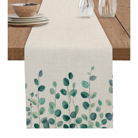 Green Leaves Burlap Cotton Table Runner 16x72 Inches Long, Retro Farmhouse Spring Natural Vines Farmhouse Table Runners, Outdoor Dining Tablecloths Decor for Baby Shower/Party/Wedding