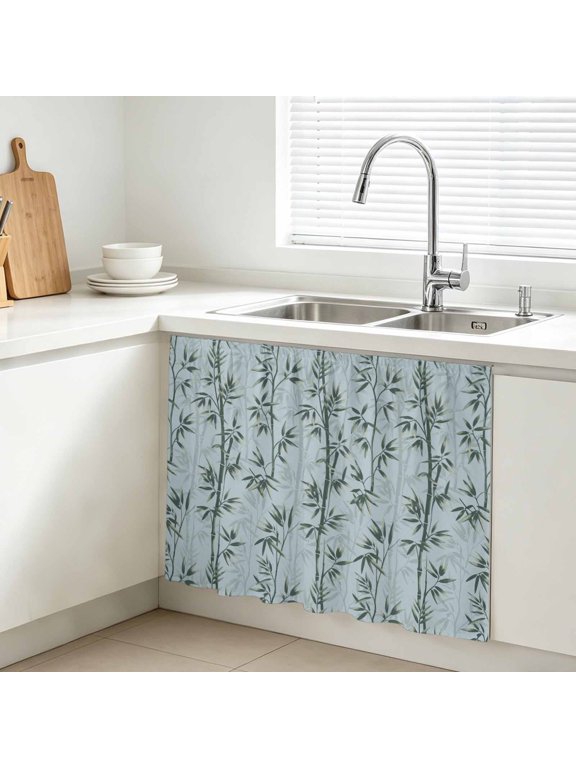 Green Leaves Cabinet Curtain, Hand-Painted Modern Spring Leaf Plant Teal Green Botanical Blue Sink Skirt for Bathroom, Under Sink shelf Curtain Privacy Drape for Kitchen Laundry Room 10x11in