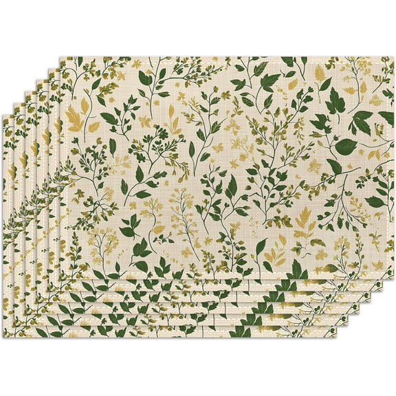 Green Leaves Cloth Placemats Set of 6,Spring Herb Washable Placemats, Non-Slip Heat-Resistant Table Mats for Dining Home Kitchen Holiday Party 12x18 Inch
