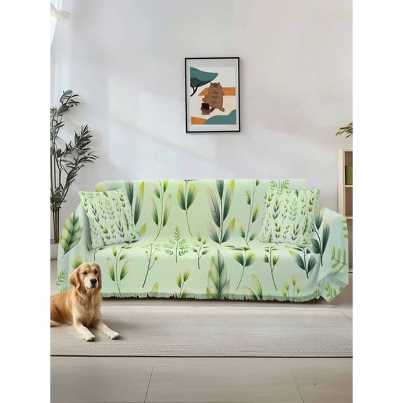 Green Leaves Couch Cover Sofa Covers 3 Cushion Sectional Couch, Summer Botanical Farmhouse Leaf Washable Sofa Covers Slipcover Sectional Sofa Cover, Furniture Protector 71"x150"