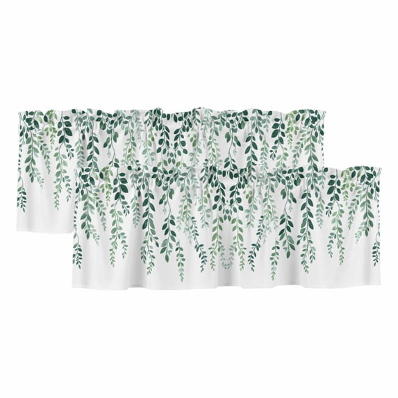 Green Leaves Curtain Valances for Windows, Kitchen Valance Window Treatments Panel 2 Pack, Modern Simple Country Spring Pastoral Vines Rod Pocket Short Curtains for Bathroom Bedroom 60 x 18 Inch