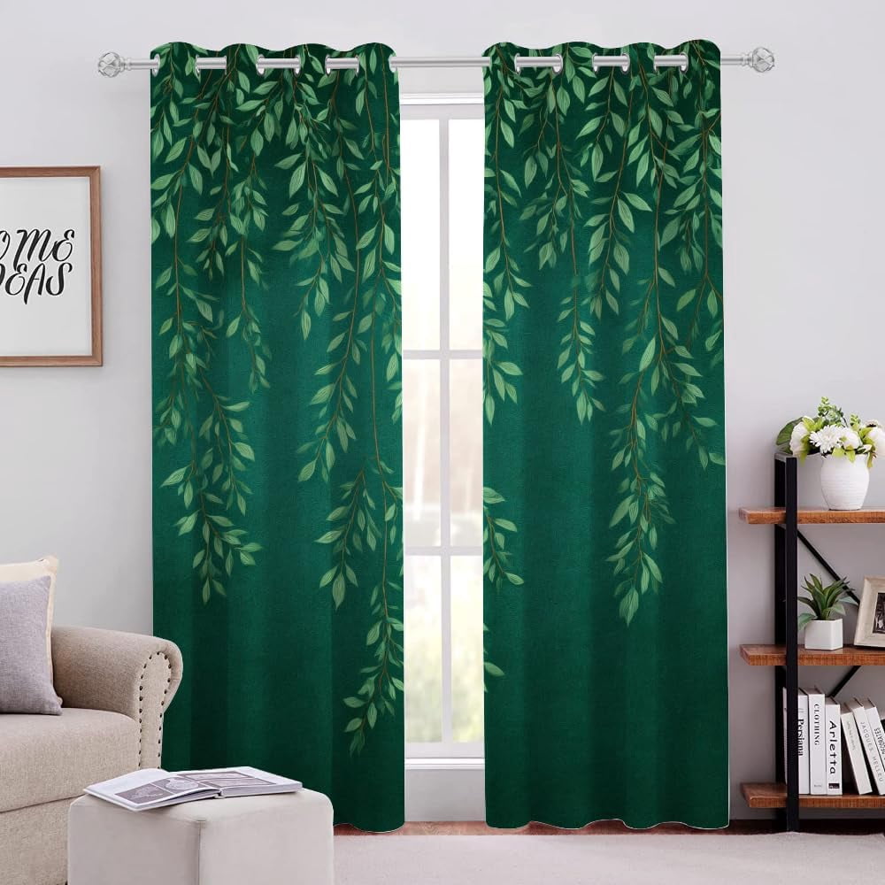 Green Leaves Curtains for Bedroom Living Room, Willow Branches Blackout ...