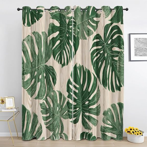 Green Leaves Curtains for Bedroom Living Room, Wooden Panels Blackout Curtains, Tropical Monstera Drapes, Thermal Insulated Room Darkening Grommet Window Treatments 26"W x 45"L (Pack of 2)