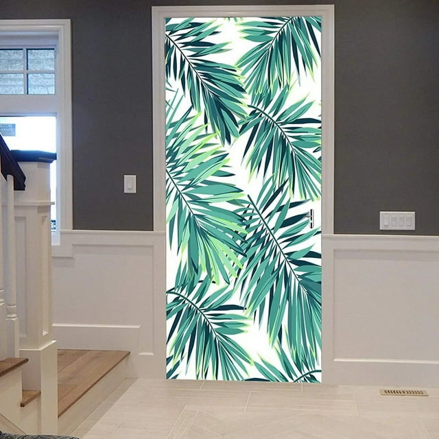 Green Leaves Door Sticker Tropical Palm Leaf Door Decal Removable