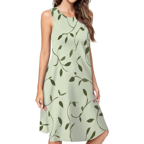 Green Leaves Elegant Nature Pattern Spring Summer Dresses For Women Fashion Dress Casual Sleeveless Loose Sundress With Pockets