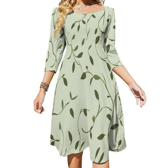 Green Leaves Elegant Nature Pattern Women's Fall Dresses Casual Loose Flowy Swing Shift Dress