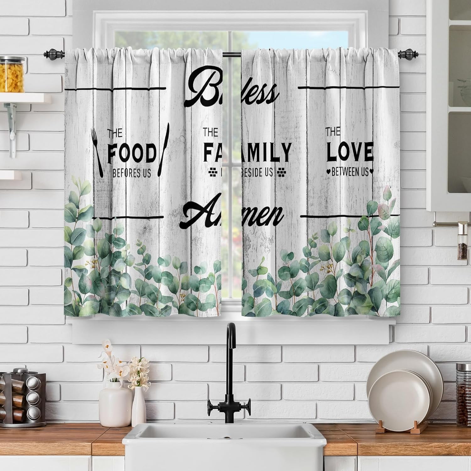 Green Leaves Farmhouse Kitchen Curtains: Vintage Botanical Nature ...