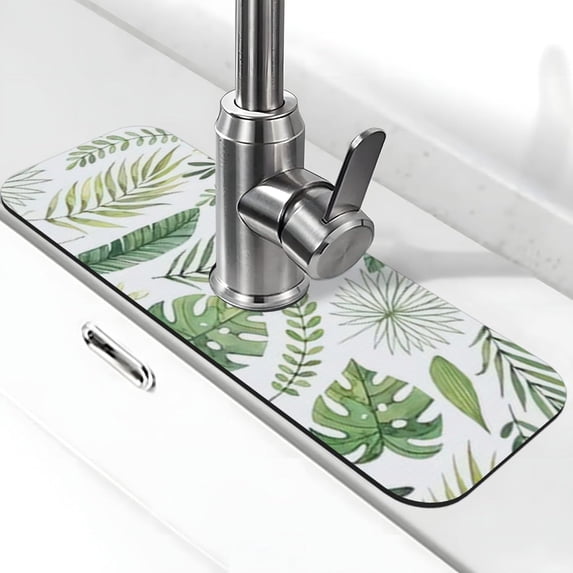 Green Leaves Faucet Mat for Kitchen Sink Cute Drying Mat Super Absorbent Sink Faucet Mat for Kitchen Bathroom Sink Cafe Bar Faucet Decor Gifts (green leaves 2, 15" x 5.5")
