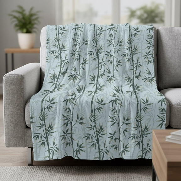 Green Leaves Fleece Throw Blanket Hand-Painted Modern Spring Leaf Plant Teal Green Botanical Blue Ultra Soft Fuzzy Cozy Flannel Throw Blanket for Couch Sofa Bed Car Travel, Ideal Gifts 60x80 Inches
