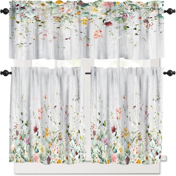 Green Leaves Floral Curtain Set, Flower Plant Herb Wildflower Country Spring Farmhouse Watercolor Botanical Window Valances and Tier Set for Kitchen Café Décor 54''x18'' & 27''x24''x2, 3 Panels