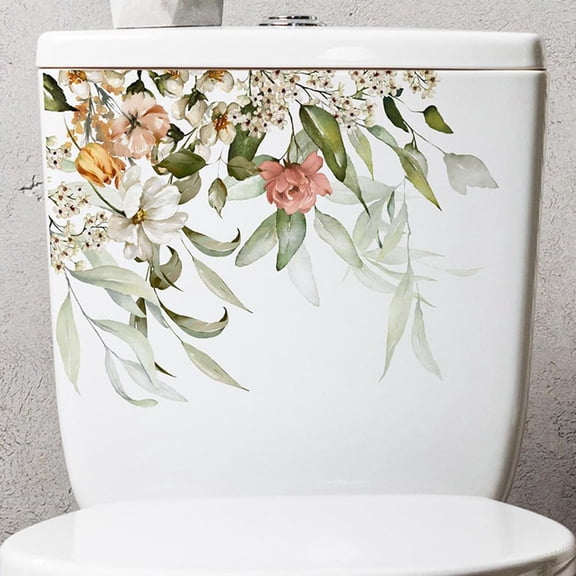 Green Leaves Flowers Bathroom Toilet Stickers, Self-Adhesive Lid Stickers for Bathroom