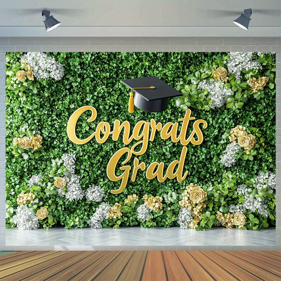 Green Leaves Flowers Graduation Backdrop Congrats Grad Greenery Wall Class of 2026 Prom Background White Gold Floral Congratulate Graduation Party Decorations Banner Photo Booth Props