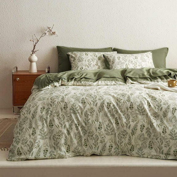Green Leaves Flowers Plants Reversible Bedding Set Duvet Cover Queen Size