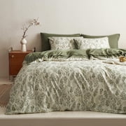 Green Leaves Flowers Plants Reversible Bedding Set Duvet Cover Queen Size