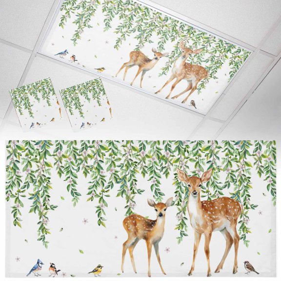 Green Leaves Fluorescent Light Covers Watercolor Falling Green Leaf Floral Plant Deer Birds Magnetic Light Filters Ceiling Lighting Panel Shade for Classroom Office Home 2 x 4 ft, 2 Pack