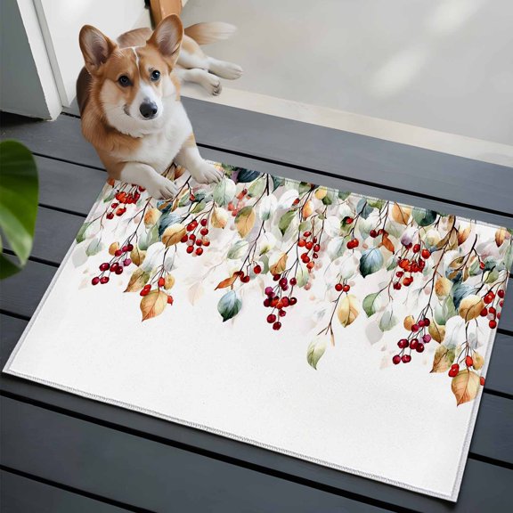 Green Leaves Front Door Rugs 2x3 ft Vintage Watercolor Green Yellow Eucalyptus Leaf Berry Small Rug for Entryway Non Slip Washable Bathroom Door Mat Absorbent Floor Mat for Indoor Entrance