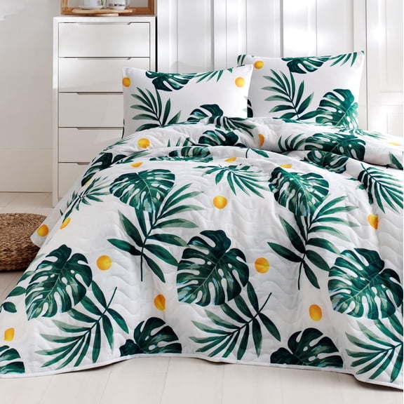 Green Leaves Full/Queen Size Bedspread/Coverlet Set – 3 Piece Quilt Set with Pillowcases, All-Season Lightweight, Digitally Printed Design, 65% Cotton, Made in Turkey – Soft, Durable,