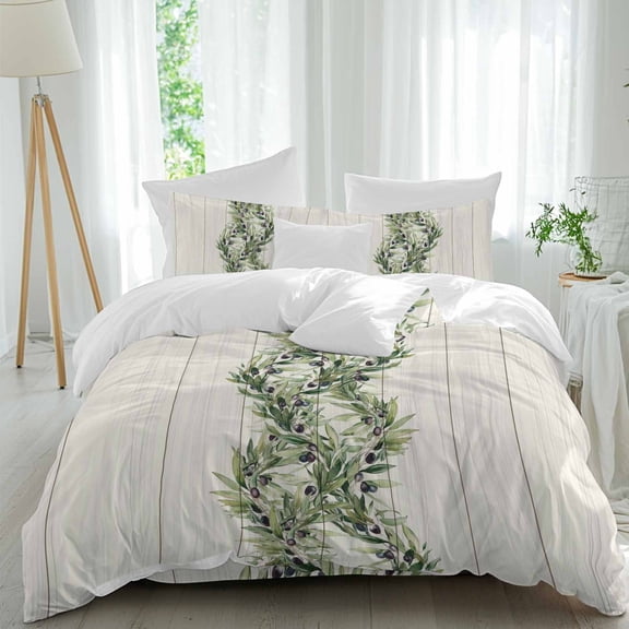 Green Leaves Full Size Comforter Set, Beige Wooden Grain Striped Olives Retro Bedding for All Seasons, 4 Pcs Bed Set, 1Quiltcover (86"x86") ,1Sheet(80"x116"), 2Pillowcases (30"x20")