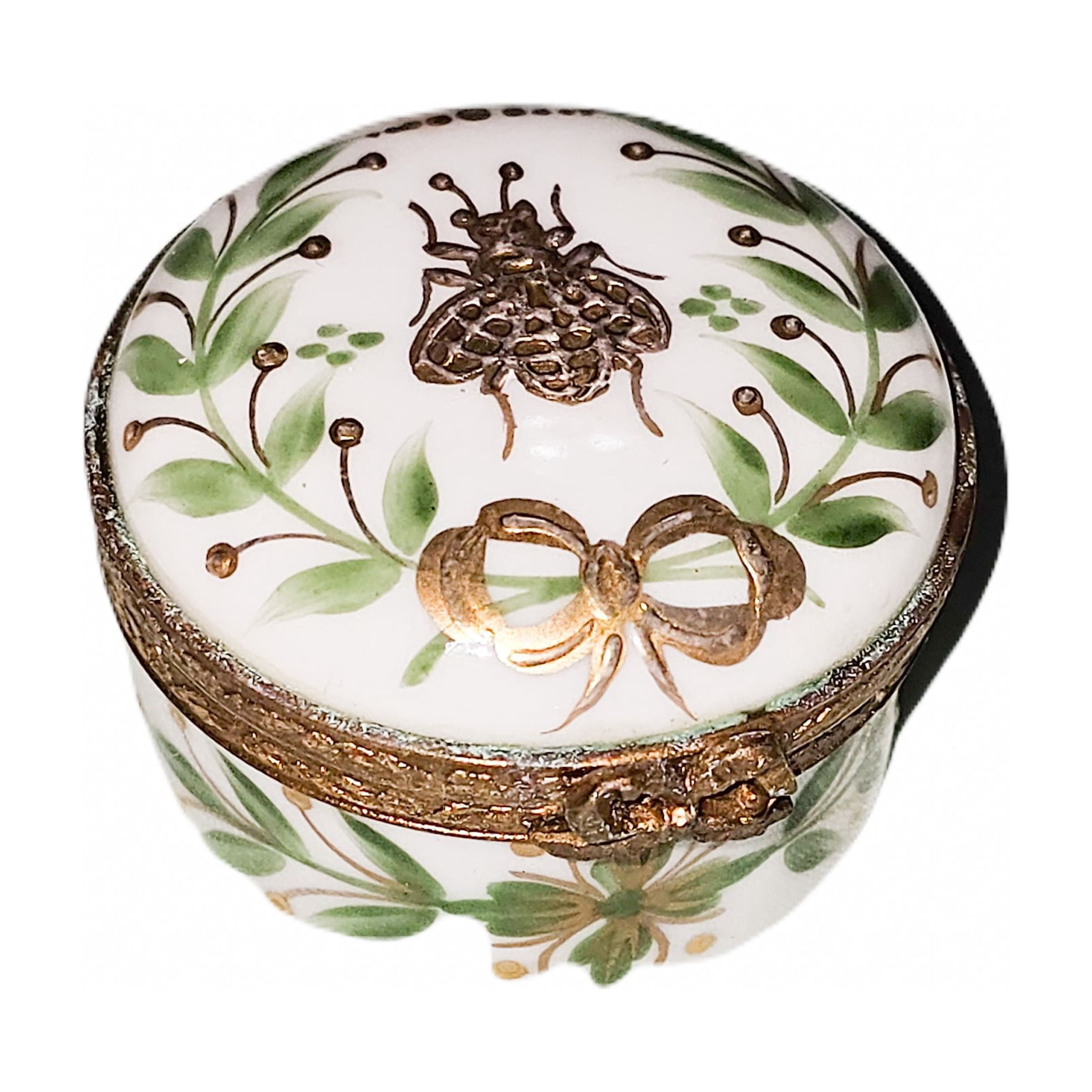Emperor Green Leaves Round w Gold Bee | Limoges Boutique Limoges Box ...