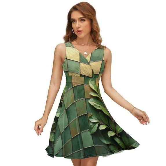 Green Leaves Green Gold Modern Art Sleeveless Dress Women Summer Evening Dresses Ladies Sundress