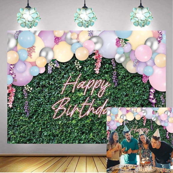 Green Leaves Happy Birthday Backdrop Spring Flower Balloons Green Leaves Wall Birthday Photography Background Newborn Baby Shower Party Cake Table Decoration Photo Studio Shoot
