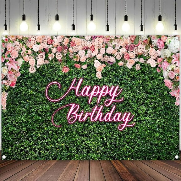 Green Leaves Happy Birthday Backdrop for Women Girls Neon Pink Flower Wall Photography Background Spring Rustic Plant Birthday Party Decorations Banner Supplies Photo Booth Props