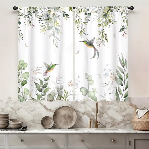 Green Leaves Hummingbird Kitchen Curtain 28W X 36L Inch 2 Panel Rod Pocket Eucalyptus Bird Cortinas para Cocina Small Short Cafe Tier Curtains Floral Over Sink Window Drapes Bathroom Decor