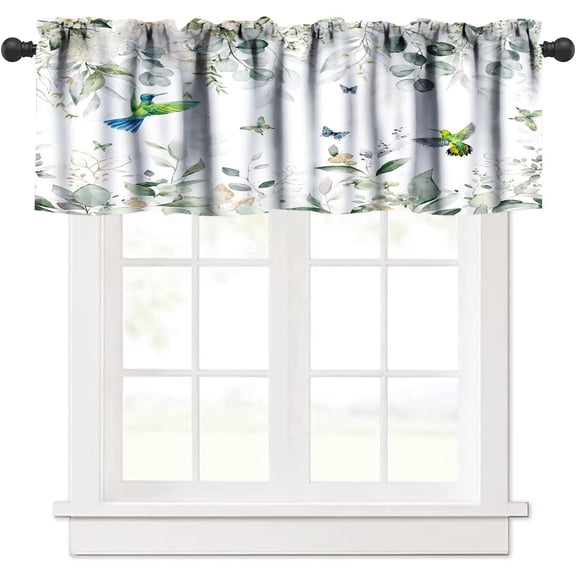 Green Leaves Hummingbird Valance, White Green Floral Bird Pattern Botanical Plant Tropical Watercolor Floral Nature Art Rod Pocket Curtain Valance for Kitchen Cafe 54x18inch