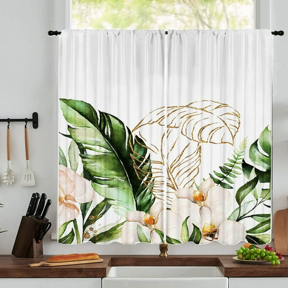 Green Leaves Kitchen Curtains 27.5Wx36H Inch Rod Pocket Small Curtains for Bedroom Room Green Watercolor Leaf Plants Floral Window Treatments Decorative for Living Room 2 Panels