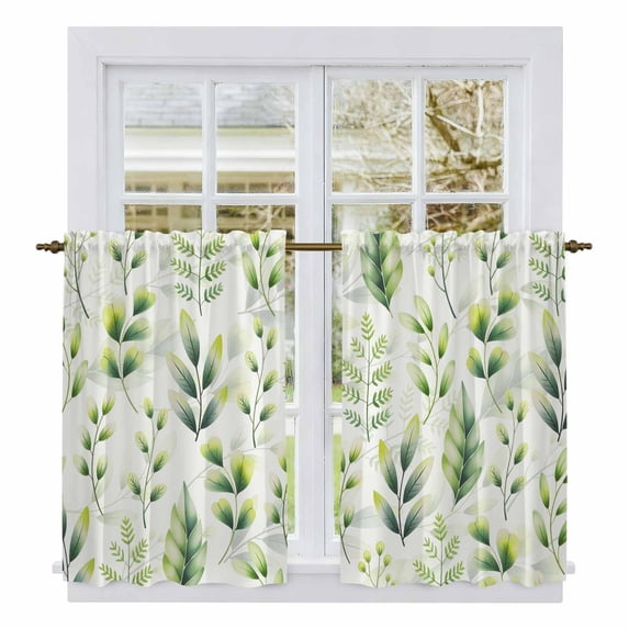 Green Leaves Kitchen Curtains 45 Inch Length, Summer Botanical Farmhouse Leaf Watercolor Tiers Curtains for Bathroom Bedroom Cafe, Light Filtering Small Window Treatment Drapes 2 Panels 42"Wx45"L