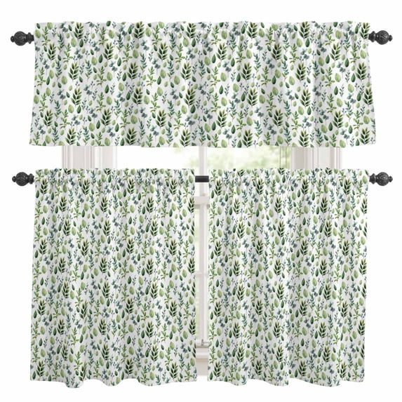 Green Leaves Kitchen Curtains Sets for Windows 24 Inch Length, Pastoral Rustic Botanical Plant Watercolor Rod Pocket Window Treatments Tier Curtains and Valances Set for Bedroom/Bathroom