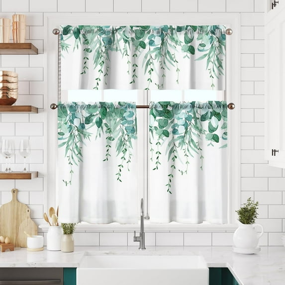Green Leaves Kitchen Curtains Short and Valance Set Farmhouse Watercolor Eucalyptus Leaf Dining Room Fabric Curtain Drapes Spring Summer Plants Botanical Cafe Curtains Valance for Home Decor