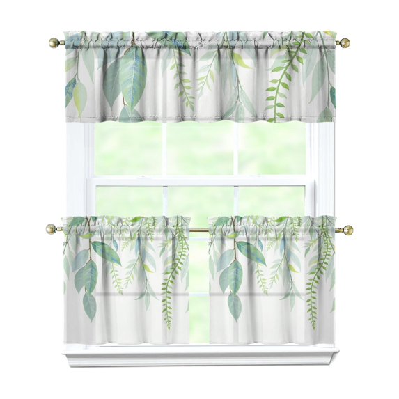 Green Leaves Kitchen Curtains and Valances Set-3 Piece Kitchen Curtains Sets with Valance for Windows Rod Pocket Machine Washable Kitchen Decor(54"x18"+2x27.5"x24")