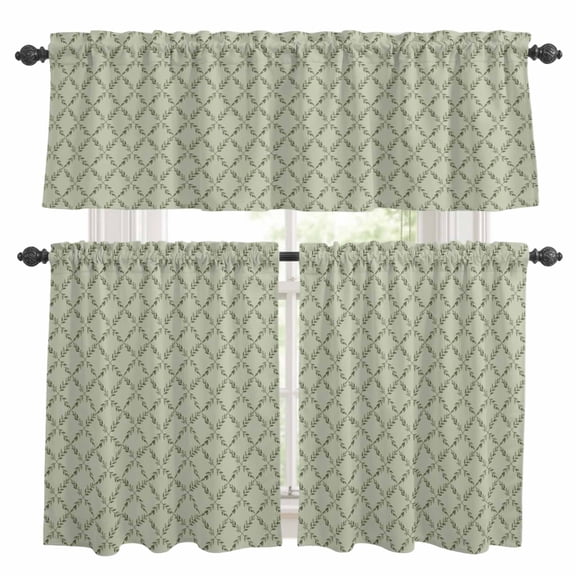 Green Leaves Kitchen Curtains and Valances Set, Minimalist Botanical Leaf Branches Diamond Check Rod Pocket Window Valance Window Curtain Panels for Living Room Bedroom Laundry, 27.5x36in, 3 Pieces