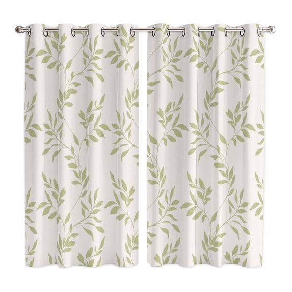 Green Leaves Kitchen Curtains Window Panels, Retro Botanical Leaf Minimalist Art Insulated Window Treatment Curtain, Grommet Curtains for Bedroom/Living Room/Bathroom, 2 Piece 42"Wx63"L