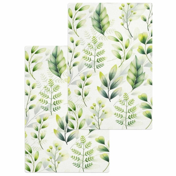 Green Leaves Kitchen Dish Towels for Drying Dishes Set of 2, Summer Botanical Farmhouse Leaf Watercolor Waffle Weave Microfiber Hand Tea Bathroom Towels Quick Dry & Absorbent Towel 15.7x23.6