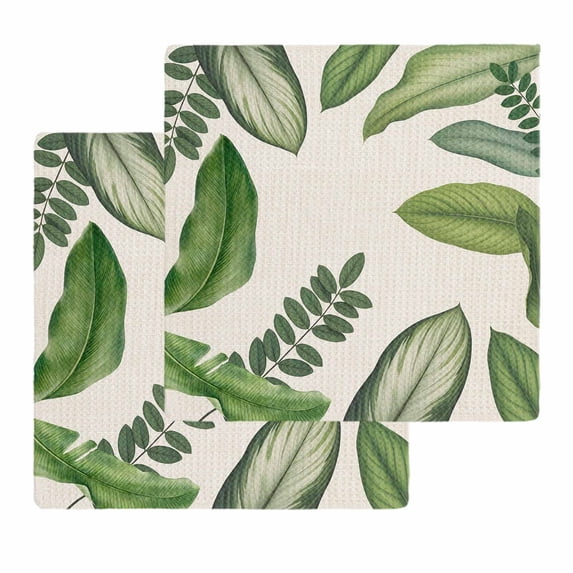 Green Leaves Kitchen Dish Towels for Drying Dishes Set of 2, Tropical Summer Botanical Watercolor Elegant Rustic Waffle Weave Microfiber Hand Tea Bathroom Towels Quick Dry & Absorbent Towel 12x12